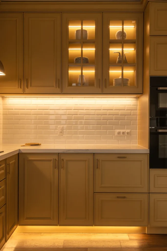 Beige Cabinets with Integrated Lighting