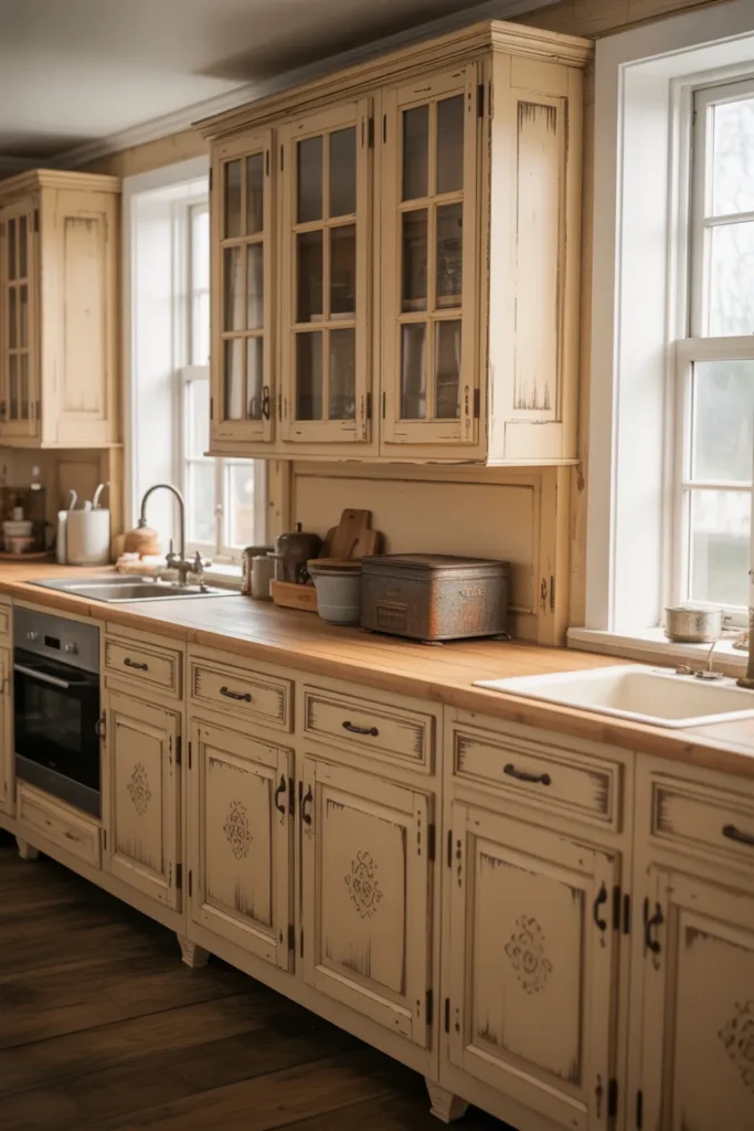 Distressed Beige Cabinets