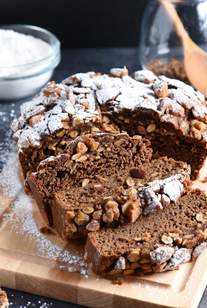 Chocolate Oat Loaf with Powdered Sugar