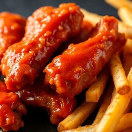 Buffalo wings with glistening sauce and seasoned fries